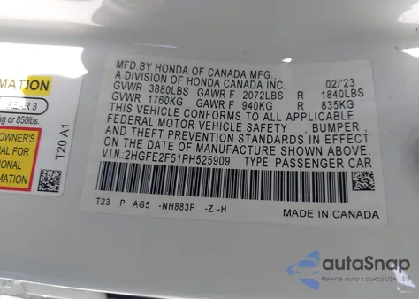 2023 Honda Civic Sport from USA, damaged, VIN 2HGFE2F51PH525909